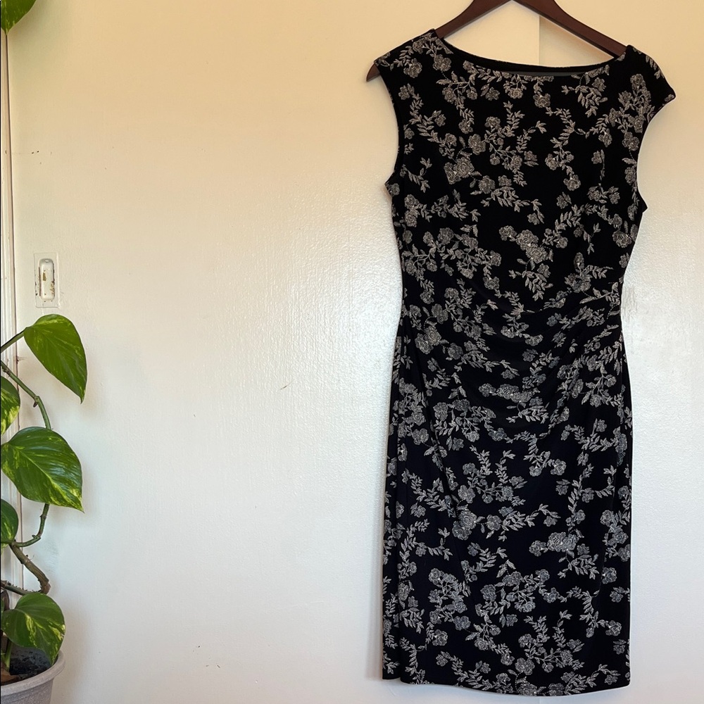 Ralph Lauren Black Midi Dress with Gray Floral Pattern